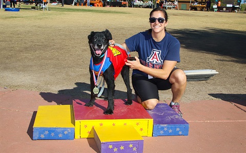 Dog winner of Doggie Dash 2017 with smiling owner