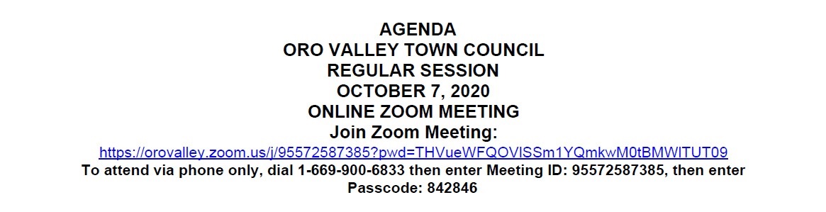 Town of Oro Valley agenda for demonstration purpose